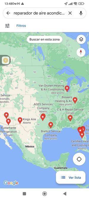 Buscar reparador de aire acondicionado cercano en USA con Google Maps